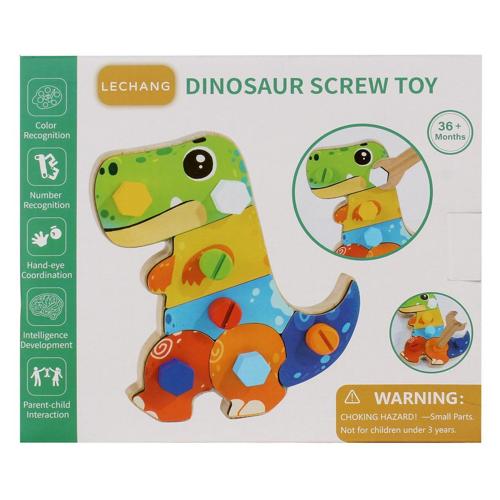Конструктор деревянный с болтами Динозаврик 15 дет, коробка C-41944