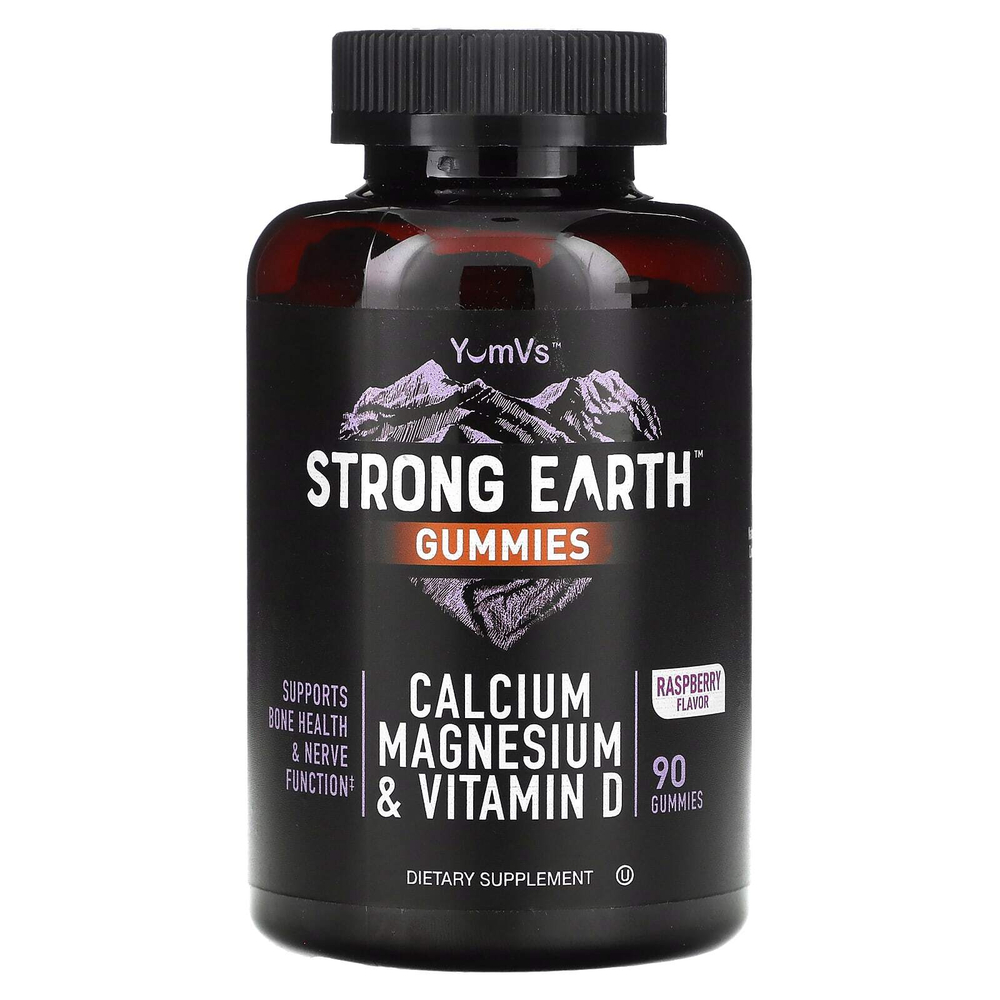 YumVs, Strong Earth, жевательные мармеладки с кальцием, магнием и витамином D, малина, 90 жевательных таблеток