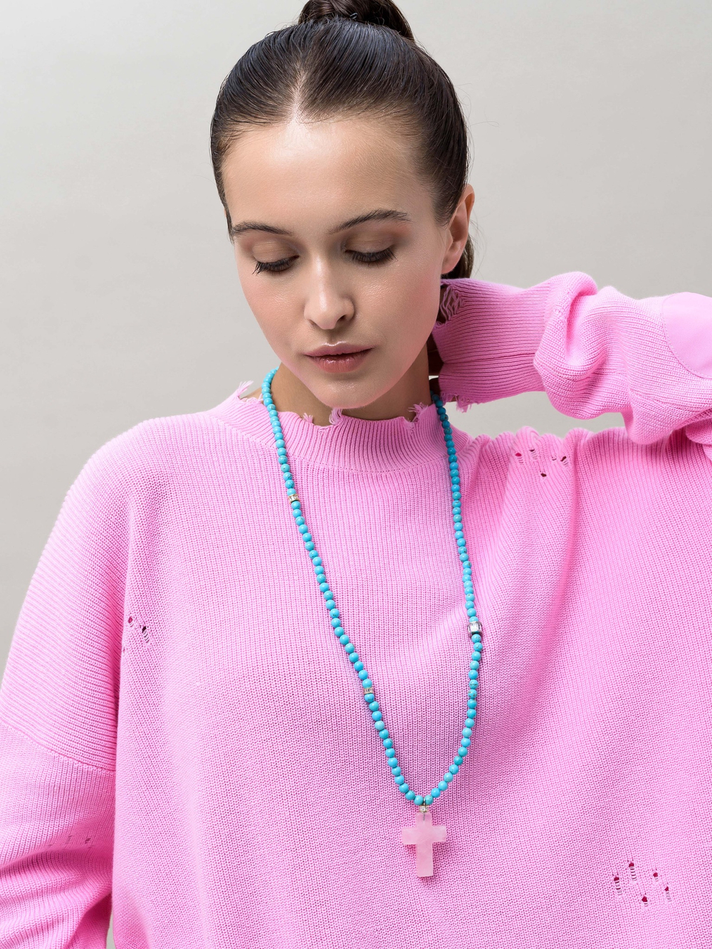 Колье Stone Cross из турквенита с розовым кварцем