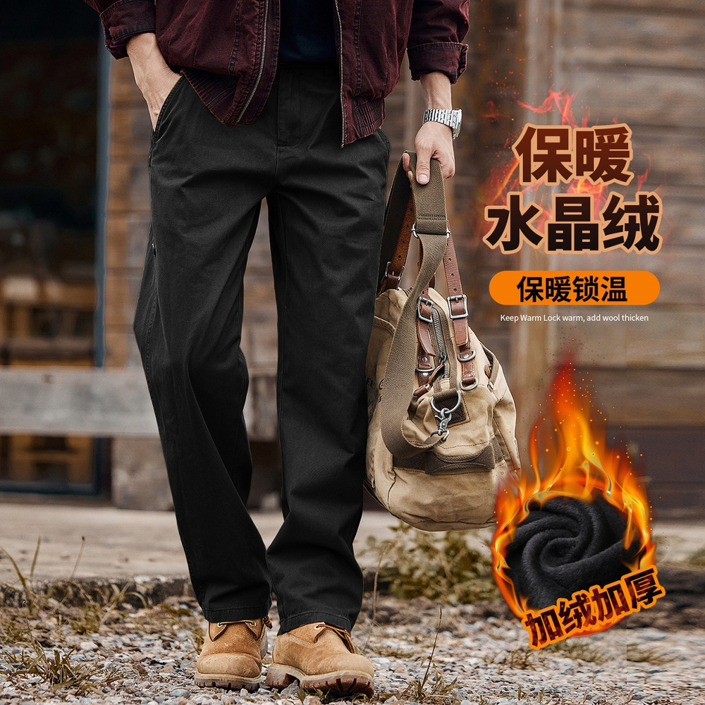Американские ретро тяжелые мужские брюки-карго на флисовой подкладке, зимние утолщенные модные брендовые мужские свободные прямые повседневные длинные брюки