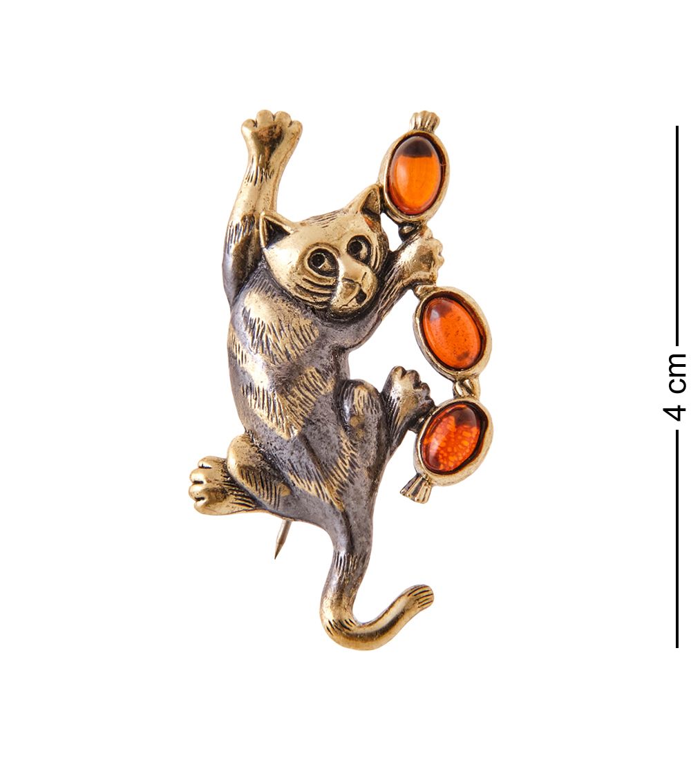 AM-3469 Брошь «Кот кража века» (латунь, янтарь)