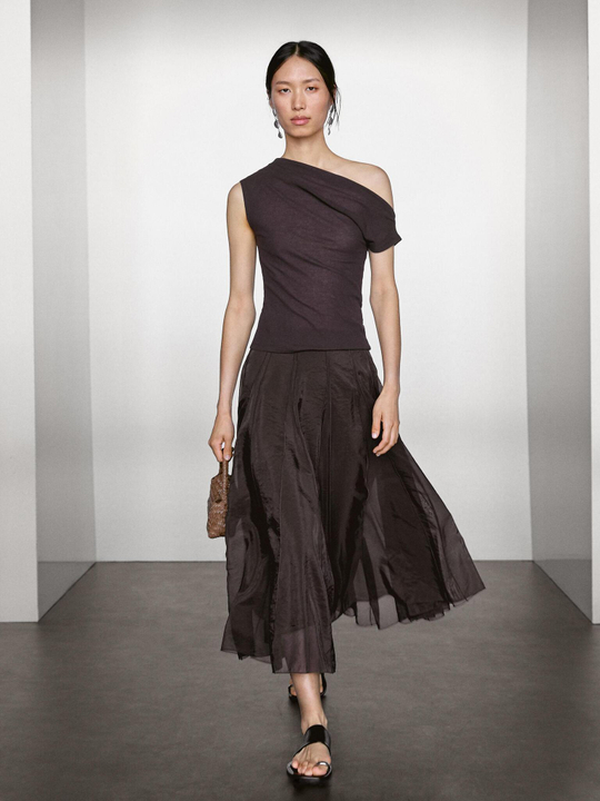 Massimo Dutti Длинная пышная юбка с отделкой годе, шоколад