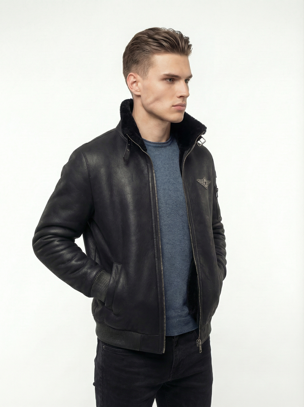 KHIMEONE Мужская дубленка-пилот из натуральной овчины (Premium Quality)