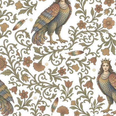 Птица-дева Сирин с цветами и звездами, винтажный сказочный стиль