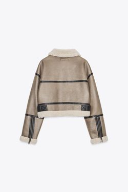 ZARA КОРОТКАЯ КУРТКА-ДУБЛЕНКА, СЕРО-КОРИЧНЕВЫЙ