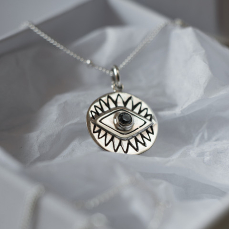 Подвеска ГЛАЗ с цепочкой, серебро/оникс