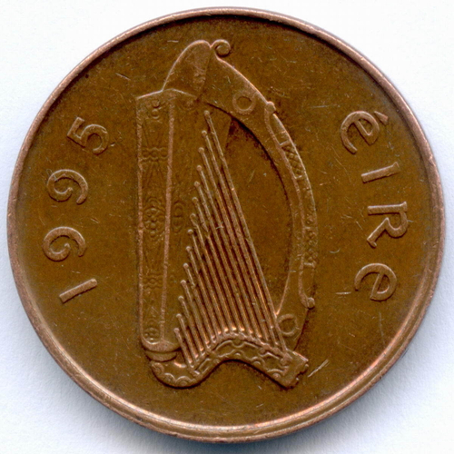 2 пенса 1995 год. Ирландия. Сталь с медным покрытием, диаметр 25,9 мм. XF