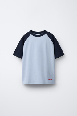 ZARA ФУТБОЛКА РЕГЛАН С ВЫШИТОЙ НАДПИСЬЮ, МОРСКОЙ ЯРКО-СИНИЙ