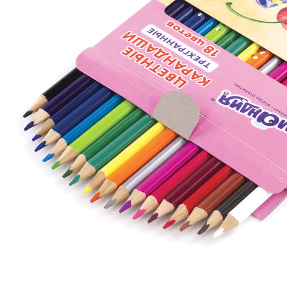 Карандаши цветные ЮНЛАНДИЯ "СЛАДКИЕ ИСТОРИИ", 18 цветов, трехгранные заточенные, 181394