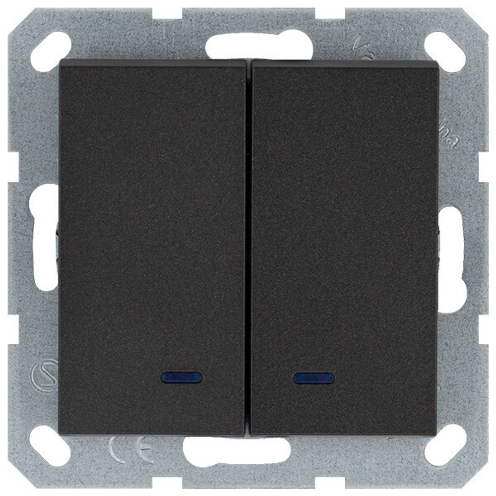 Выключатель двухклавишный со светодиодами 10A 250V~ с накладкой, цвет Антрацит