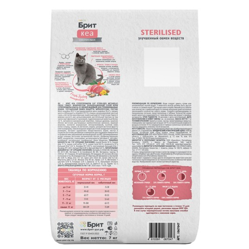 Сухой корм для стерилизованных кошек Брит BRIT CARE STERILISED METABOLIC MONOPROTEIN с индейкой 7кг