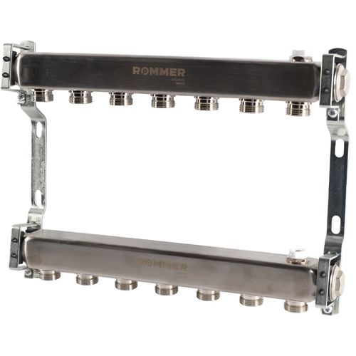 Коллектор Rommer 1"x3/4" на 7 контуров для радиаторной разводки (нерж. сталь) RMS-4401-000007