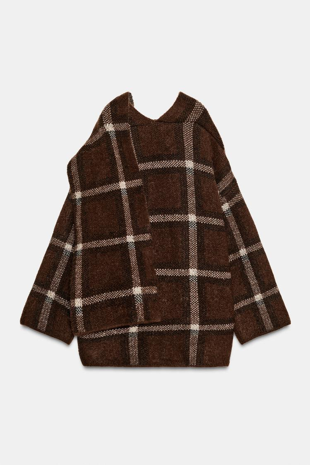 ZARA КОРОТКОЕ ТРИКОТАЖНОЕ ПАЛЬТО С ШАРФОМ В КЛЕТКУ, КОРИЧНЕВЫЙ