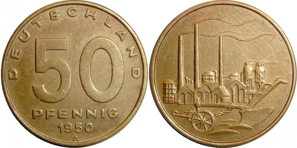 Германия - ГДР 50 пфеннигов, 1949 - 1950 Фабрика XF
