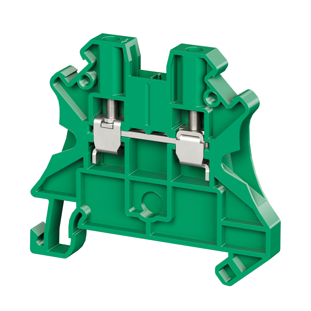 Клемма проходная, винтовой зажим, 2 точки подключения, 4 кв.мм, зеленая