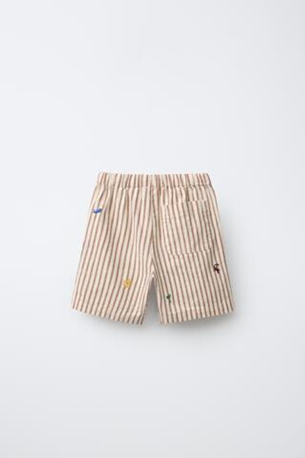 ZARA ШОРТЫ С ВЫШИВКОЙ В ПОЛОСКУ, КОРИЧНЕВЫЙ/БЕЛЫЙ