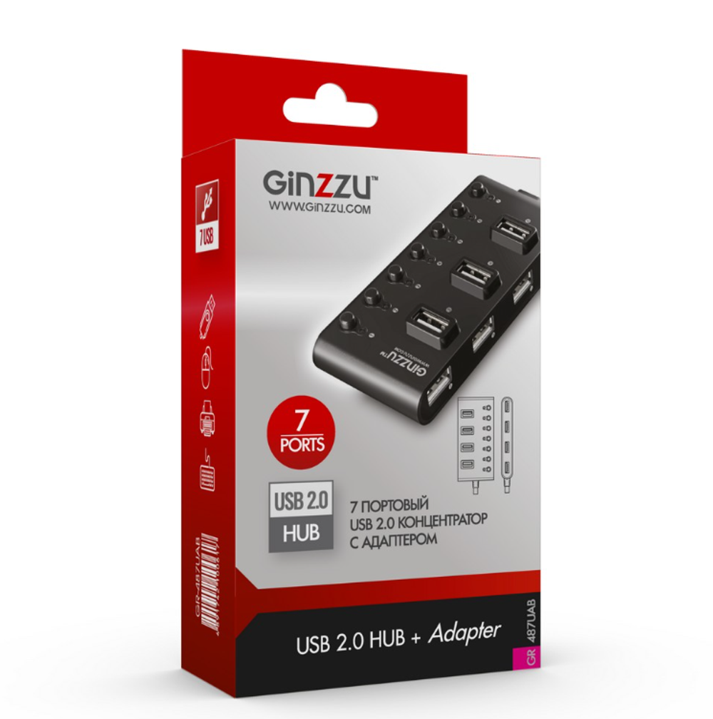 Картридер USB - Xaб Ginzzu GR-487UAB (7USB 2.0) + адаптер