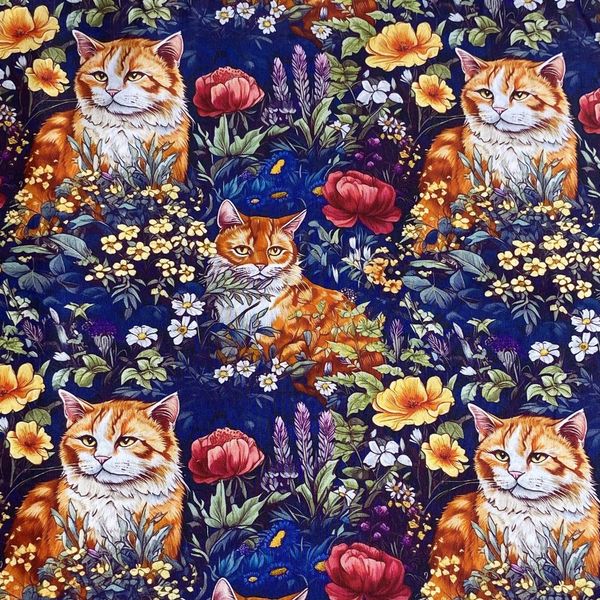 КОШКИ В ЦВЕТАХ, отрез 40см  100% хлопок Handmade Fabrics 1