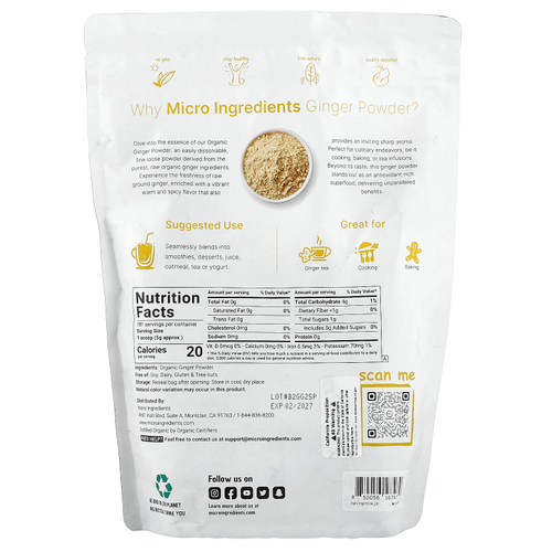 Micro Ingredients, органический порошок из имбиря, 907 г (2 фунта)