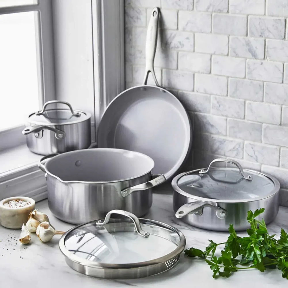 GreenPan Кастрюля Venice Pro 24 см 7,6 л с паровой вставкой evershine light grey