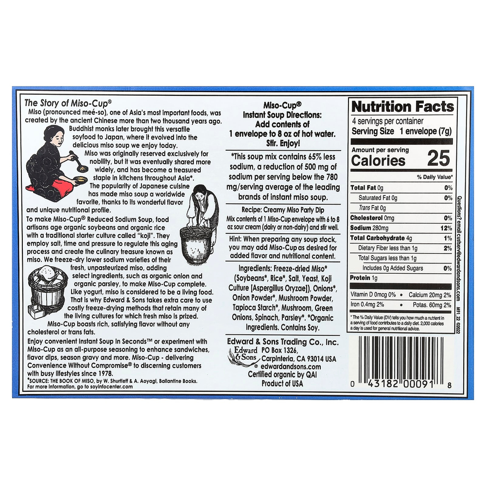 Edward & Sons, Instant Miso-Cup®, восстановленный натрий, 4 пакетика, 29 г (1 унция)