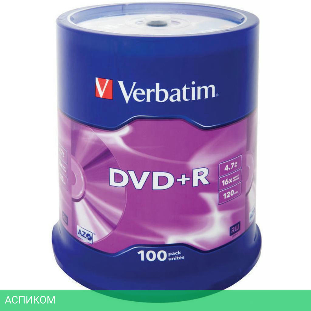 DVD+R диск Verbatim 4.7Gb 16x Cake Box 100шт (43551)