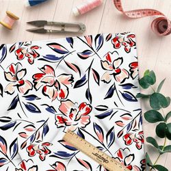 Ткань мембрана рисованные цветы с чёрным контуром