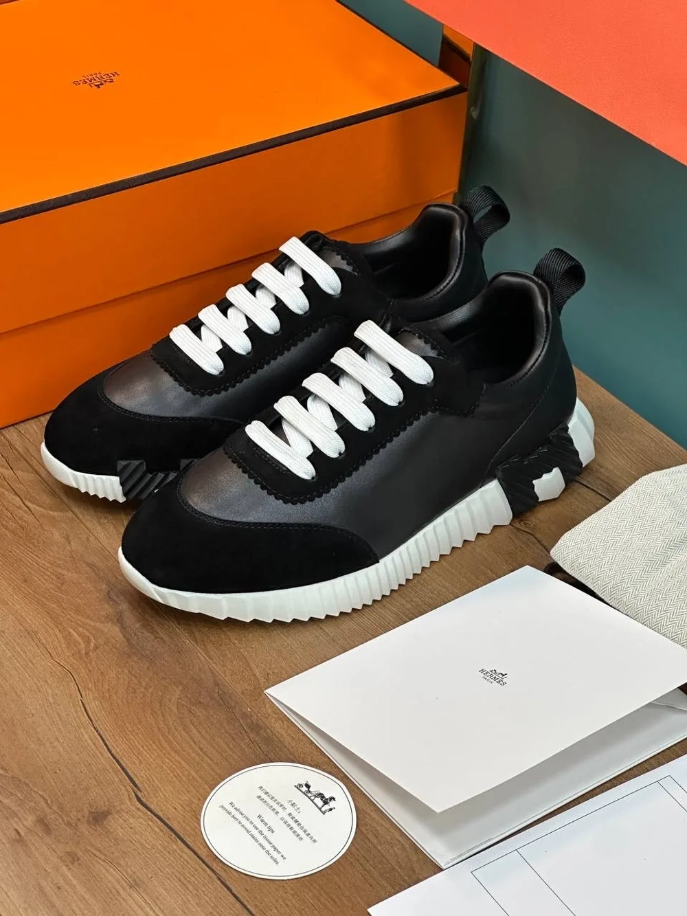 Мужские черные кожаные кроссовки Hermes Bouncing