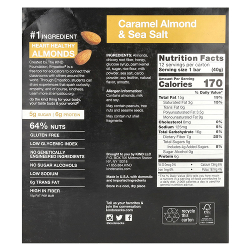 KIND Bars, Nuts & Spices, батончики с карамелью, миндалем и морской солью, 12 батончиков, весом 40 г (1,4 унции) каждый