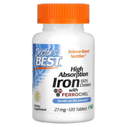 Железо Doctor's Best, легкоусвояемое железо с Ferrochel, 27 мг, 120 таблеток