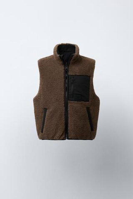 ZARA ДВУСТОРОННИЙ ЖИЛЕТ ИЗ ИСКУССТВЕННОЙ ОВЧИНЫ, КОРИЧНЕВЫЙ