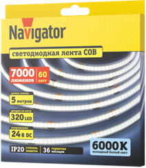 Лента светодиодная Navigator 24V 12Вт 6000К IP20 бухта 5м белая 40635