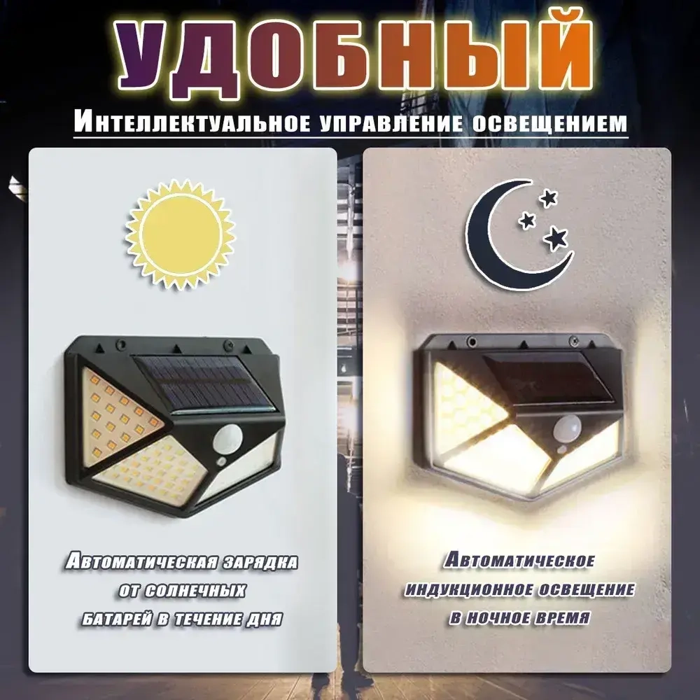 4шт Беспроводной светодиодный светильник с 100 LED лампами на солнечной батарее и датчиком движения для дома, дачи и улицы