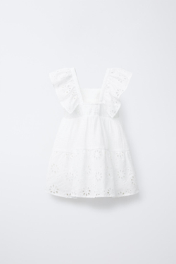 ZARA ПЛАТЬЕ ИЗ РЕЛЬЕФНОЙ ТКАНИ С ЦВЕТОЧНОЙ ВЫШИВКОЙ, БЕЛЫЙ