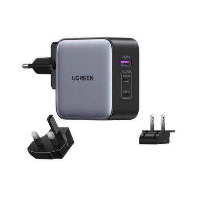 Сетевое зарядное устройство Ugreen Nexode мощностью 65 Вт (2 USB-C, USB-A) (GaN) (CD296) Многопортовый мощный адаптер питания. Есть поддержка PD 3.0, QC 4+ и PPS. В комплекте есть набор международных переходников