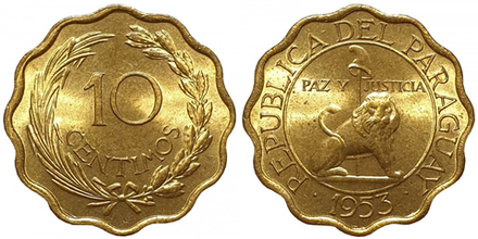 Парагвай 10 сентимо, 1953 Лев XF