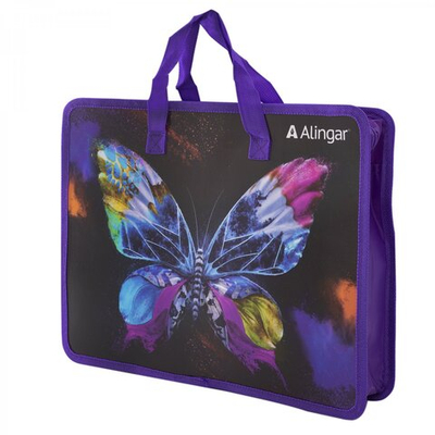 Папка с ручками 1 отделение, А4 265х335х90мм, Alingar, пластик, ручки тесьма, дизайн с двух сторон, молния сверхуг, "Неоновая бабочка"