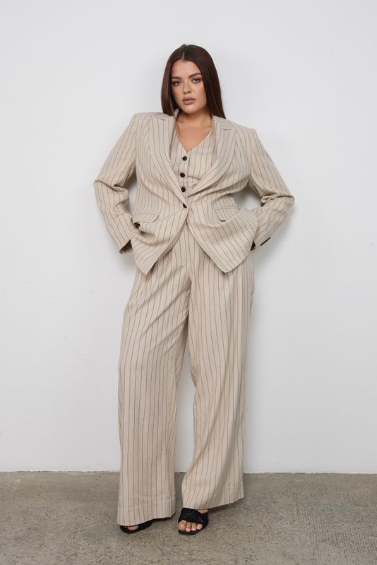 Брюки изо льна в полоску, серо-бежевый