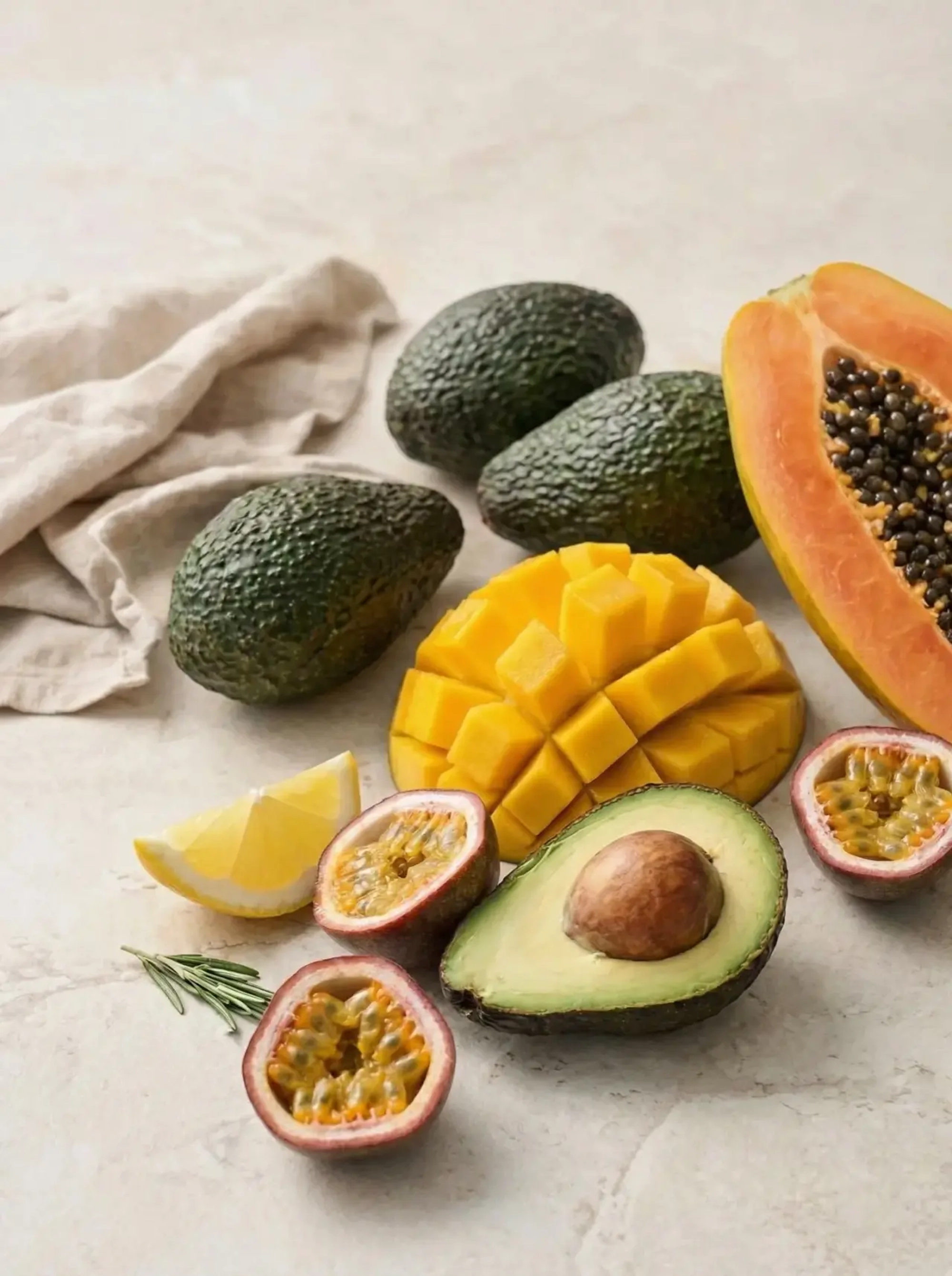 Авокадо, ягоды, фрукты