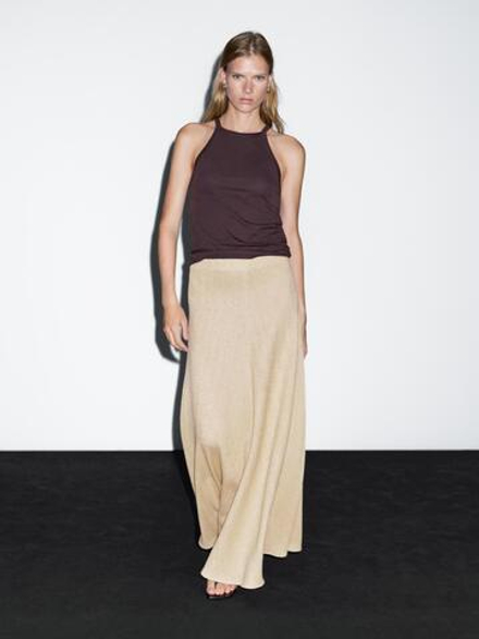 Massimo Dutti Длинная юбка с воланами, шоколадный