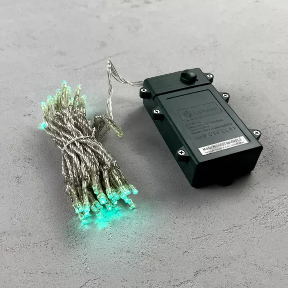Светодиодная гирлянда 5 м., 3 батарейки типа D 4.5V, 50 LED ламп цвета аква, таймер, прозрачный провод, LTC (EST50-4W10-8A)