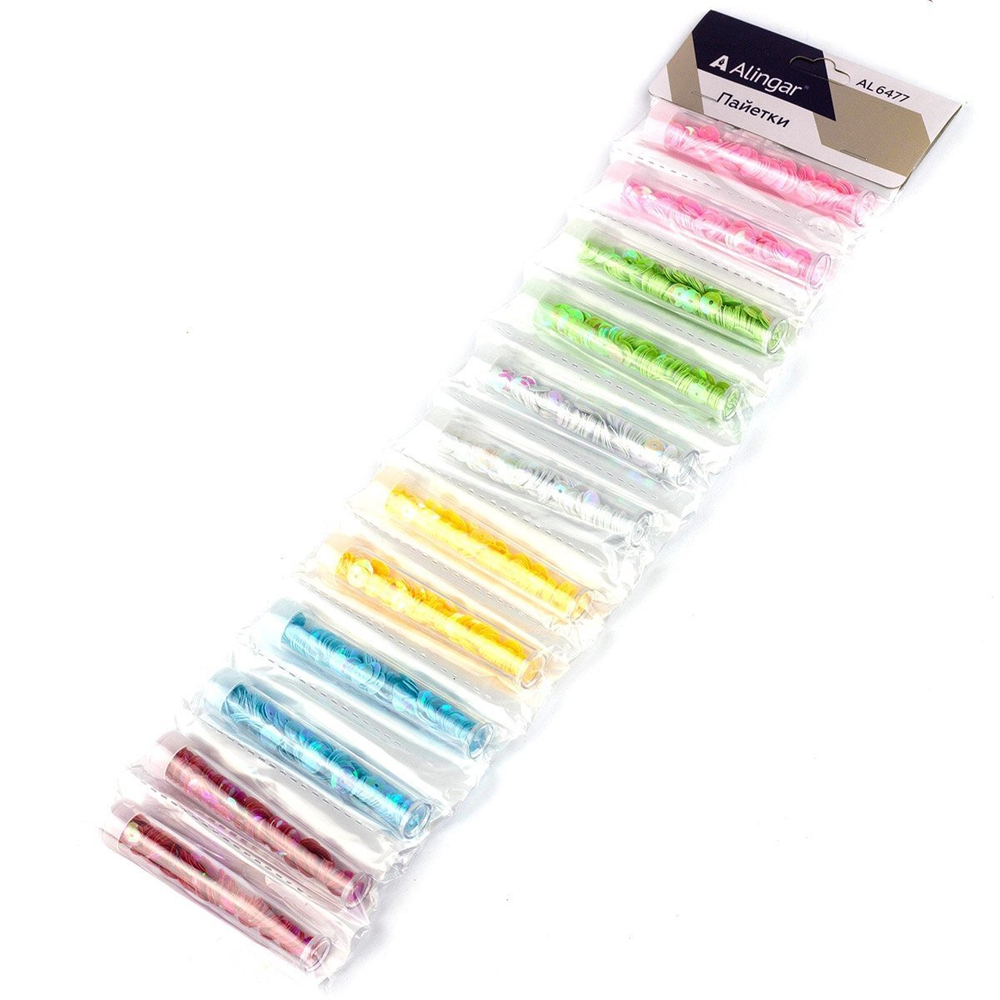Набор пайеток Alingar, круглые, 6 цветов х 2 шт, 2,1 гр,, "Голографик" (роз,голуб,зел,желт,крас, бел), блистер,12 шт, тубус, пакет с европодвесом