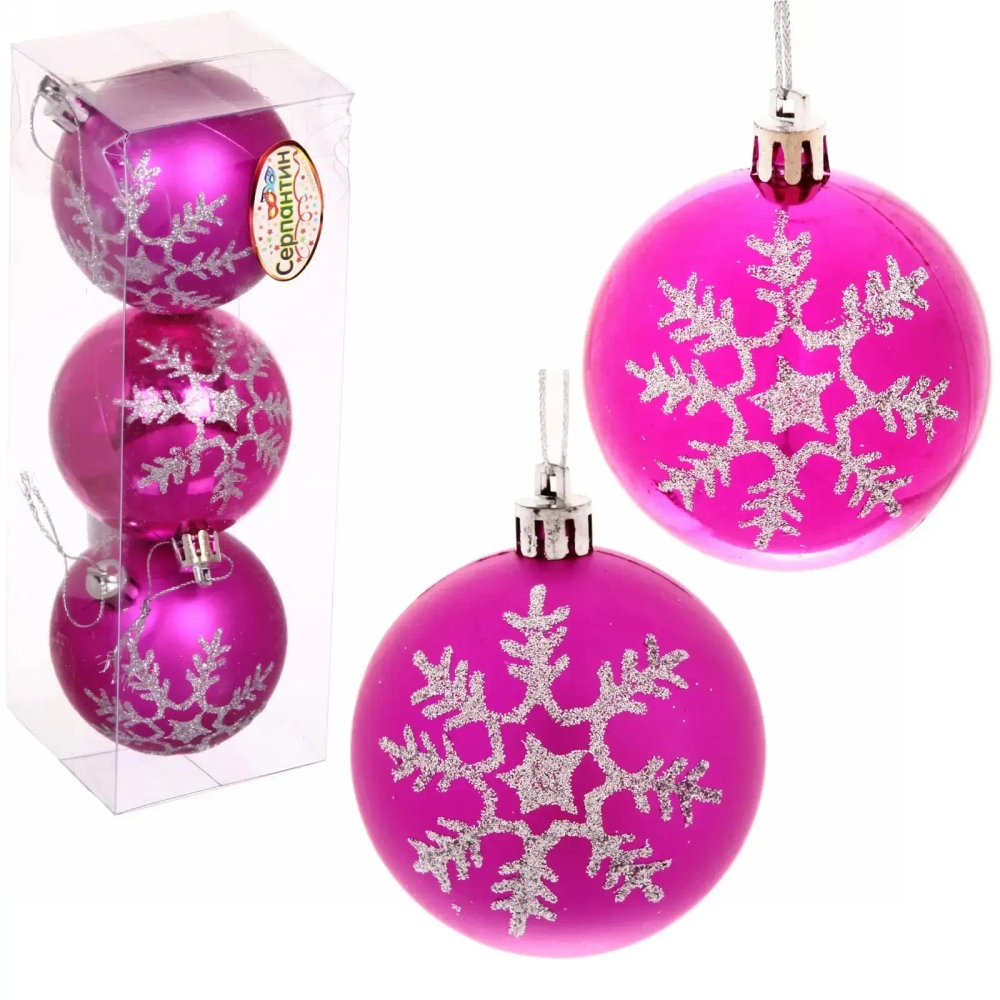 Новогодние шары «Сказочные снежинки» 6 см (набор 3шт), розовый/серебро