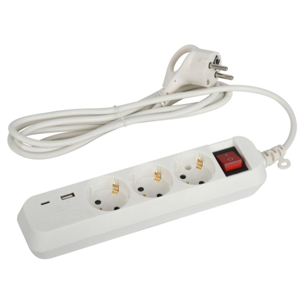 Удлинитель электрический ЭРА UB-3es-1,5m-USB c заземлением с выключателем 3 розетки + 1xUSBA+1xUSBC 1,5м 10А | Бытовые удлинители