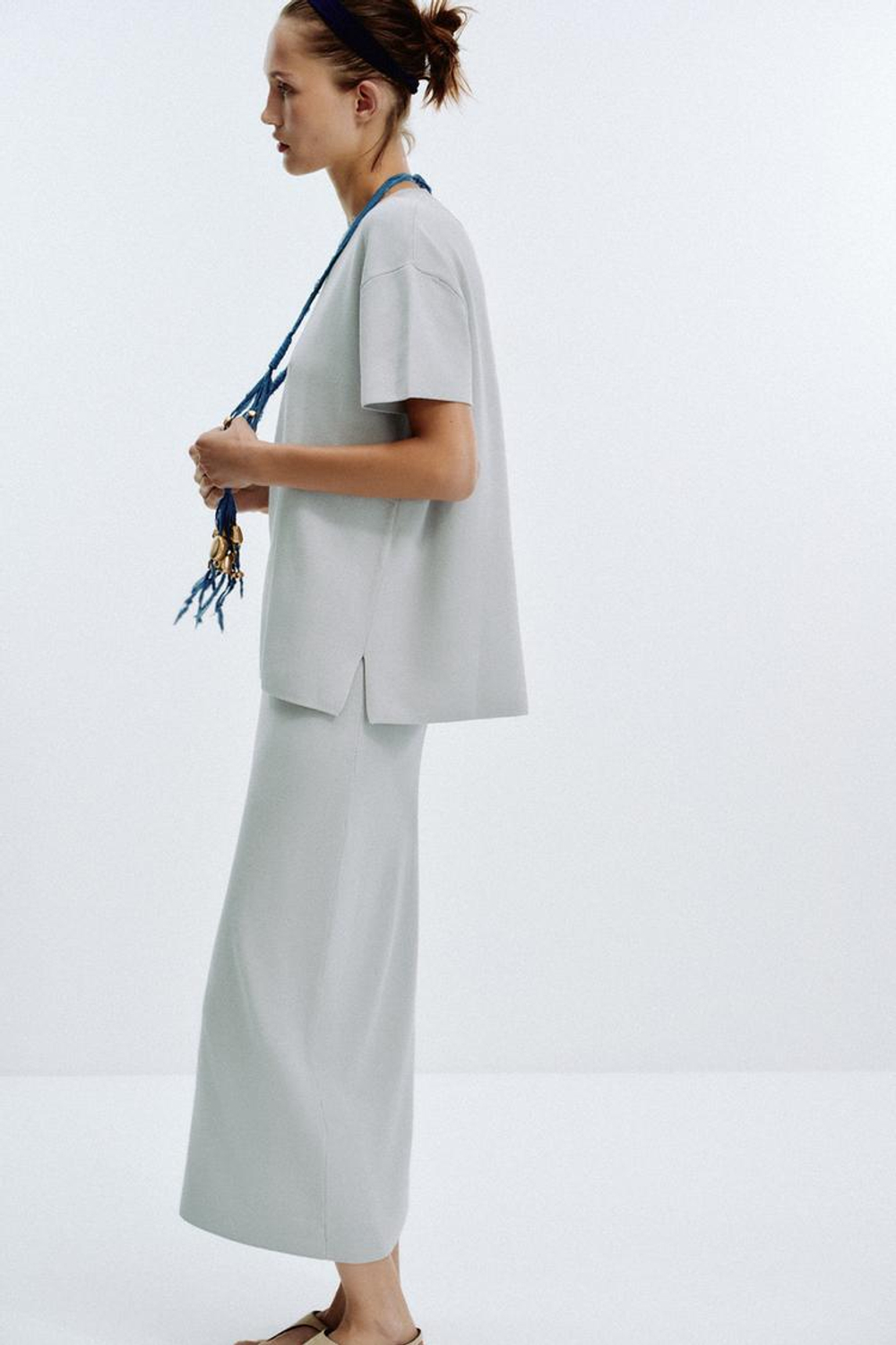 ZARA ОДНОТОННЫЙ ТОП ОВЕРСАЙЗ, ЖЕМЧУЖНО-СЕРЫЙ