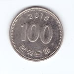 100 вон 2016 год. Южная Корея. Медно-никель XF-AU