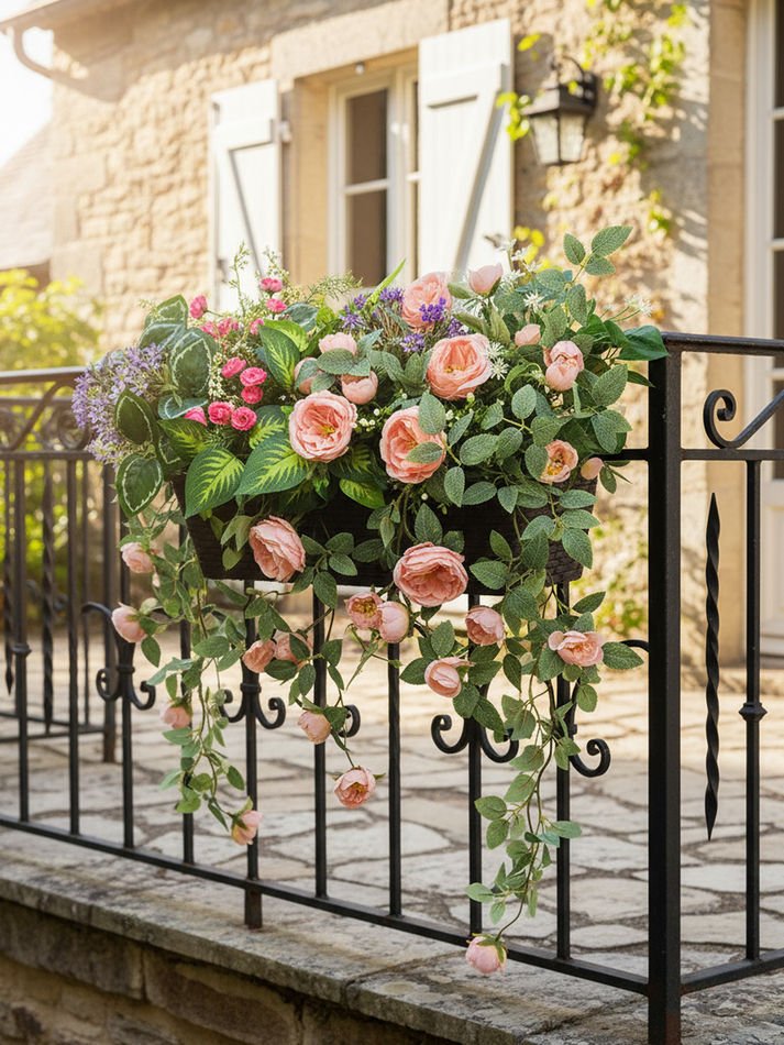 Розы персиковые с зеленью в кашпо ротанг