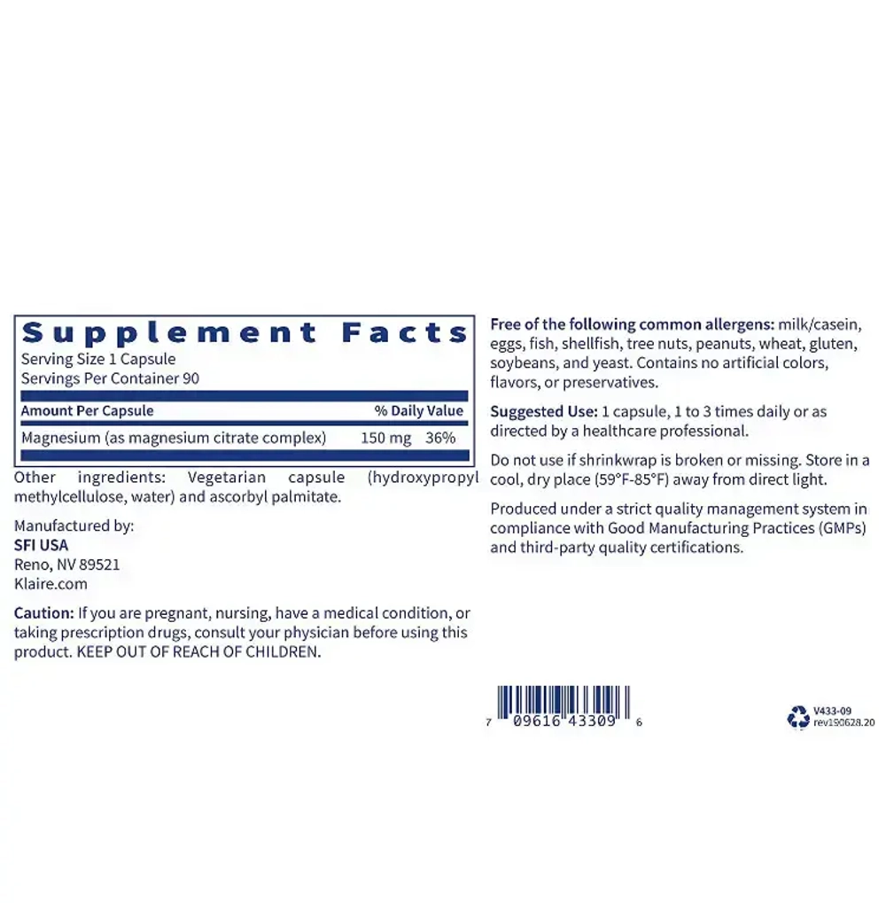 Klaire Labs - Magnesium Citrate 90 capsules