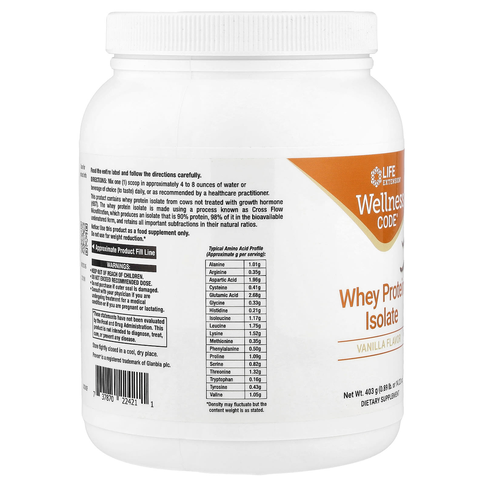 Life Extension, Wellness Code®, изолят сывороточного протеина, со вкусом ванили, 403 г (0,89 фунта)