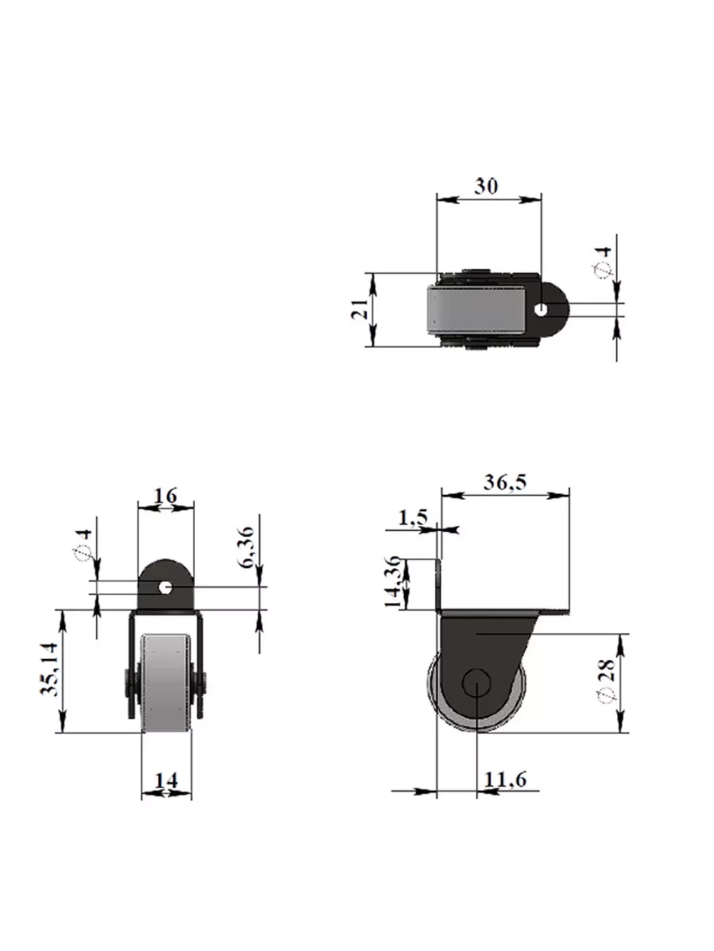 Опора для мебели 312 с резиновым колесом D28мм, 2 шт